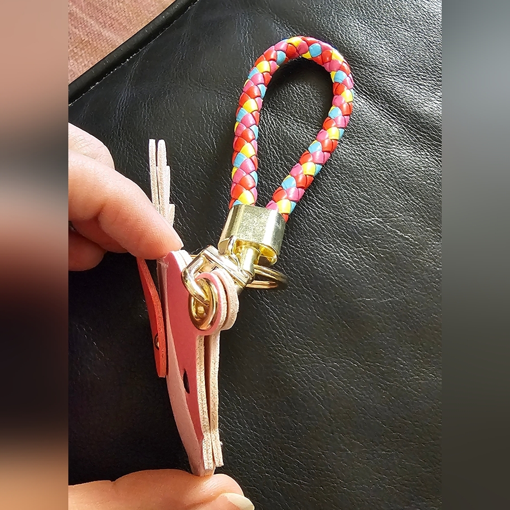 Colorful Pink Bird Vegan Leather Air Tag Holder Keychain with Braided Strap NWOT - Picture 6 of 9